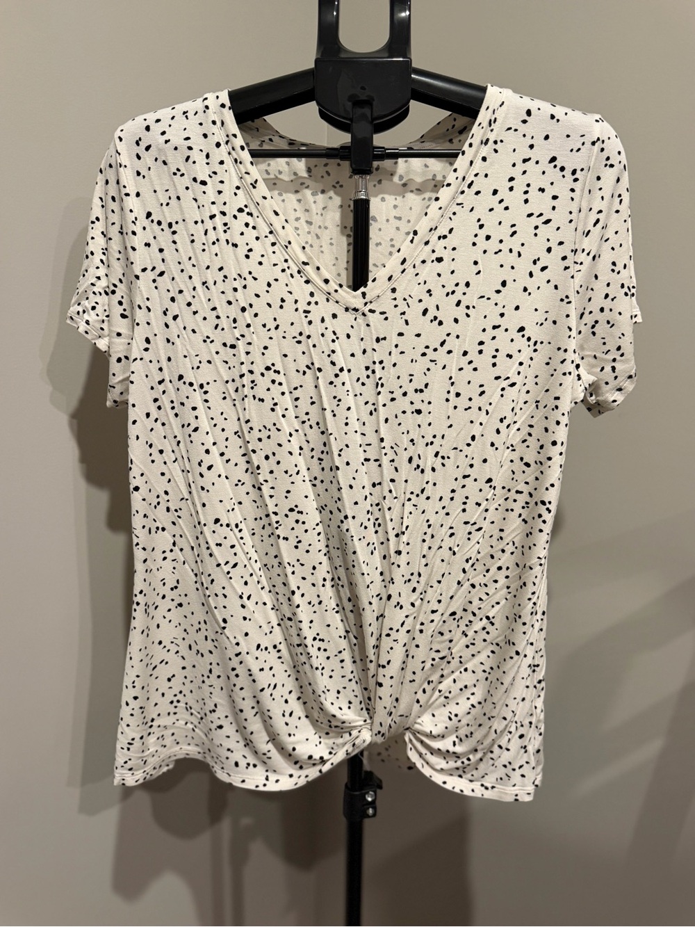 White V-Neck Short Sleeve Top with Black Speckle Print by Nine Britton